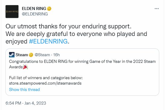 《老头环》获得Steam年度大奖年度最佳 官方发文致谢游戏获奖词